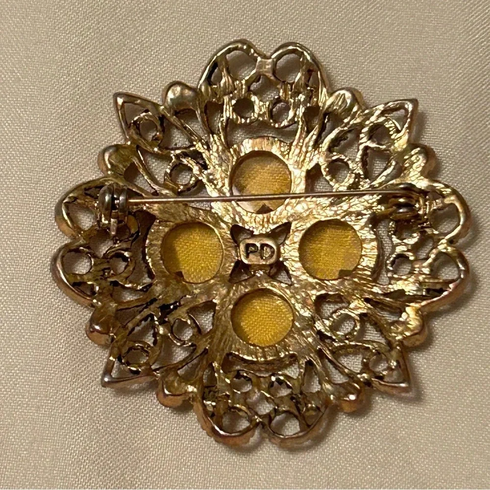 Premier Designs Daybreak Brooch/Pin Retired Antique Gold Tone Yellow Rhinestone